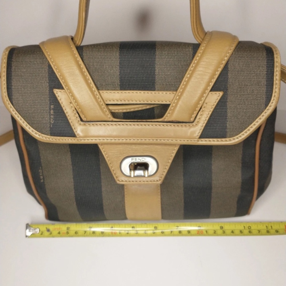 Fendi Pequin Black & Tan Striped Handbag/Crossbody Bag with Leather Trim. - Picture 13 of 17